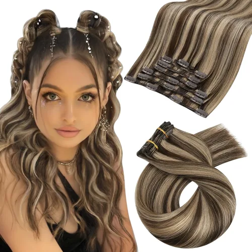 Vista 46 de Moresoo Extensiones de cabello humano con clip, balayage, color marrón oscuro a marrón dorado con clip, extensiones de cabello humano con clip, 5