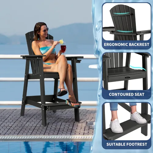 Vista 7 de FUNBERRY Juego de 2 sillas altas Adirondack con mesa de conexión extraíble, silla de balcón alta para todo tipo de clima con portavasos