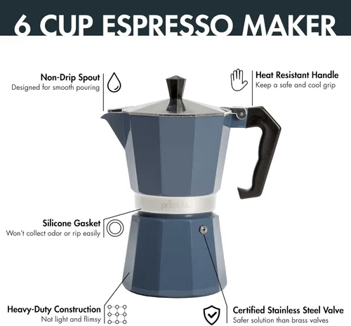 Vista 6 de Primula Cafetera clásica para café expreso y café, olla moka para café italiano y cubano, cafetera Greca, cafeterías, 6 tazas de espresso, azul