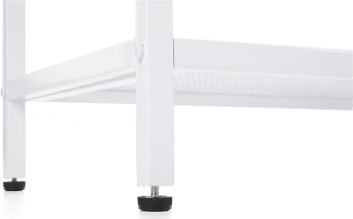 Vista 3 de Displays2go Mesa de exhibición de madera y acero, encimeras de paulownia con estantes de malla de hierro - blanco (FDCASABN)