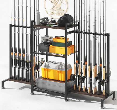 Vista 8 de SOYEEZE Soportes para cañas de pescar de gran tamaño para garaje, estante para cañas de pescar de servicio pesado de 3 niveles con tablero perforado
