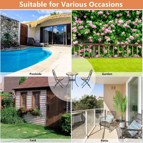 Vista 7 de VINGLI Mesa de mosaico de jardín de 3 piezas, juego de bistró al aire libre con sillas plegables, marco de hierro negro