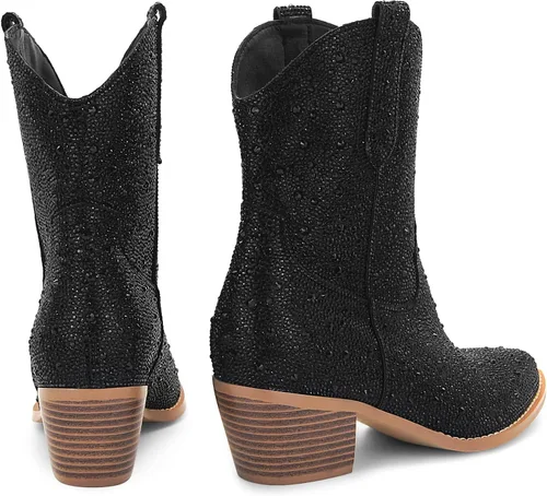 Vista 4 de SOVANYOU - Botas de cowboy con tachuelas para mujer, puntera en forma de almendra, tacón de bloque brillante, botas de vaquera con tachuelas