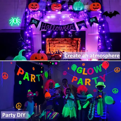 Vista 6 de OMIKA Halloween 3 Pack UV Blacklight Battery String Lights Indoor, 2M 20LED UV Purple Copper Wire Lights for Halloween Christmas, Jar DIY Paper