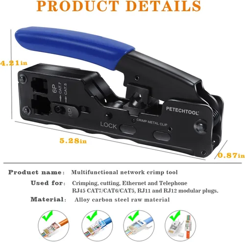 Vista 3 de Herramienta de crimpado RJ45 Herramienta de crimpado Ethernet Cortador de alambre Crimper para Cat7 Cat6a Cat6 Cat5e Pasa a través de conectores