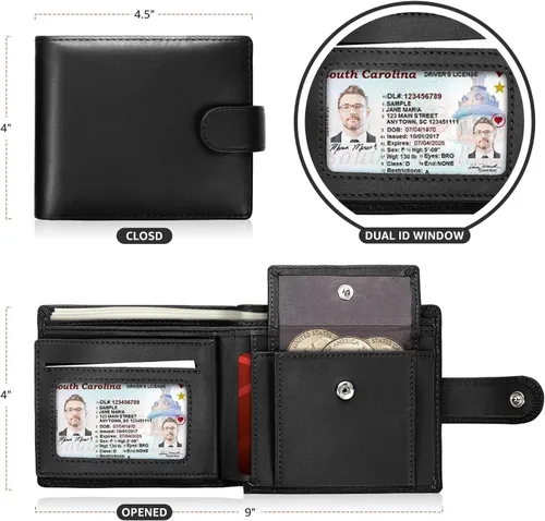 Vista 3 de LifeImpree Cartera de cuero genuino para hombre, grande con bolsillo para monedas, cartera de bloqueo RFID con 2 ventanas de identificación y 11