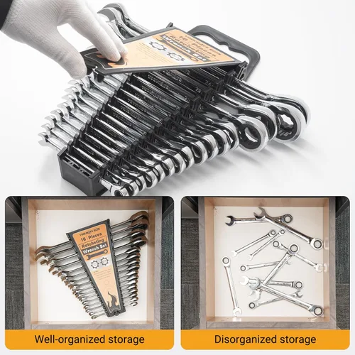 Vista 7 de Juego de llaves de trinquete de 16 piezas, juego de llaves combinadas, con organizador, MM/métrica Max 120 dientes Cromo Vanadio Llave combinada