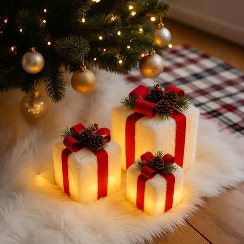 Vista 7 de Juego de 3 cajas de regalo iluminadas de Navidad con 60 luces LED, decoraciones navideñas enchufables para árbol de Navidad, hogar, decoración