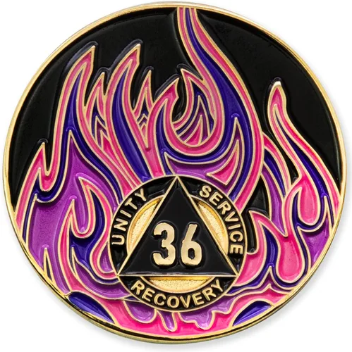 Vista 7 de Medallón de recuperación AA chapado en oro de 1 año Twisted Flames - Negro/Rojo/Naranja/Amarillo