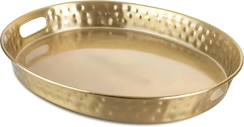 Vista 11 de Monarch Abode Bandeja para servir con asas – Bandeja de metal martillado a mano de 17 pulgadas para sala de estar, bandeja otomana grande con Cobre