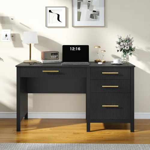 Vista 7 de Modern Executive Desk with Drawers: 54 Inch Black Home Office Desks with File Drawer, Wood Fluted Desk with Storage, Writing Computer Desks with 4