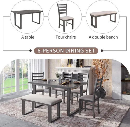 Vista 5 de Merax Juego de mesa de comedor, juego de mesa de cocina de 6 piezas con mesa rectangular y 4 sillas de comedor tapizadas con respaldo alto y banco