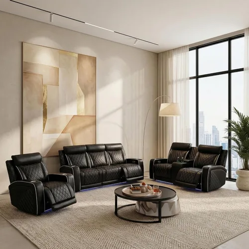 Vista 15 de Juego de sofá reclinable eléctrico de cuero con LED, juego de muebles de sala de estar, juego de sofá de cuero con puerto USB, consola