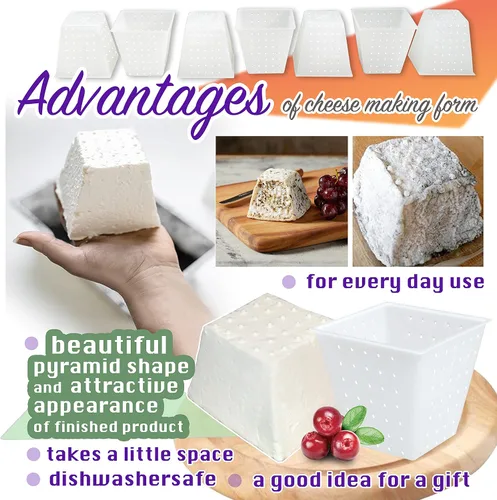 Vista 4 de Molde de queso pequeño pirámide de 7 piezas de 0.45 cuartos de galón – Molde de queso suave para hacer queso – Suministros caseros para hacer queso