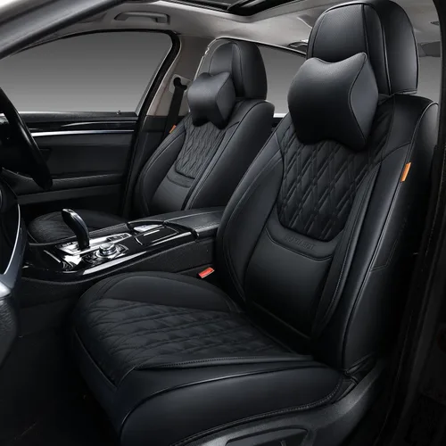 Vista 11 de Fundas de asiento delantero de automóvil, par de fundas de asiento delantero de cuero transpirable con reposacabezas, funda universal de asiento