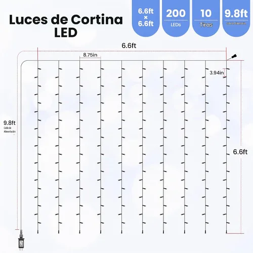 Vista 6 de HEYFUNi Luces de cortina de color blanco cálido de 6.6 x 6.6 pies con enchufe, 200 luces LED para ventana con control remoto, 8 modos, temporizador