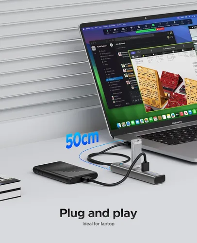 Vista 5 de ORICO Hub USB 3.0 de 7 puertos, adaptador múltiple USB de aluminio, extensor USB de 5 Gbps con cable de 1.64 pies, cable largo UBS-A Hub