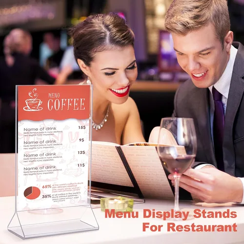 Vista 4 de Sintuff Soporte de exhibición de acrílico transparente, soporte vertical para letreros de 5 x 7 pulgadas, soporte de doble cara para mesa de boda