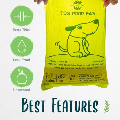 Vista 4 de 60 bolsas compostables para excrementos de perro, extragruesas, a prueba de fugas, sin perfume, ecológicas, 9 x 13 pulgadas