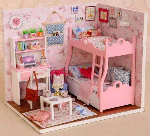 Vista 2 de Ogrmar Casa de madera para muñecas en miniaturas, "hazlo tú mismo", kit de casa con cubierta y luz led - Edad de los cálices