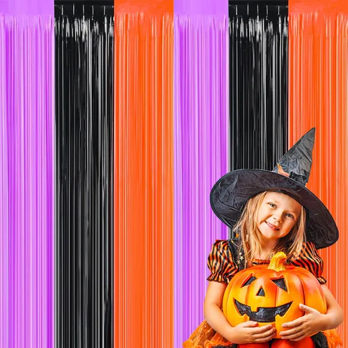 FOIMAS Paquete de 3 cortinas de flecos de papel de oropel de Halloween, 3.3 x 6.6 pies, negro, naranja, morado, oropel, serpentinas de flecos,