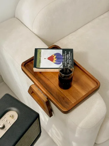 Vista 8 de Tinamo Mesa de brazo de acacia de 13.75 x 9.5 pulgadas, bandeja de brazo de sofá de madera, mesa de reposabrazos para sofá, bandeja de reposabrazos