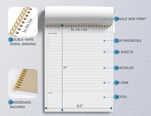 Vista 2 de Better Office Products To Do List Notepad, 8.5" x 11", Planning Note Pad, 50 Sheets, Double Wire Spiral, Daily Agenda Productivity Checklist