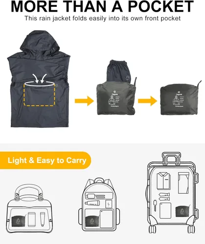 Vista 3 de Outdoor Ventures Chaqueta de lluvia para hombre, impermeable, ligera, plegable, para senderismo, golf, correr