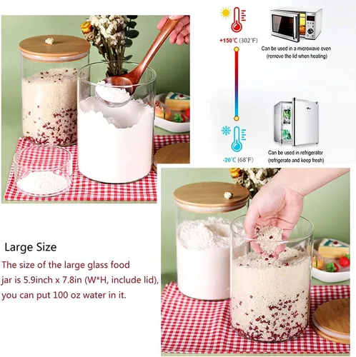 Vista 4 de CZFWin Recipiente de harina de vidrio con tapa hermética de bambú, tarro grande de vidrio para alimentos con tapa de madera para almacenamiento