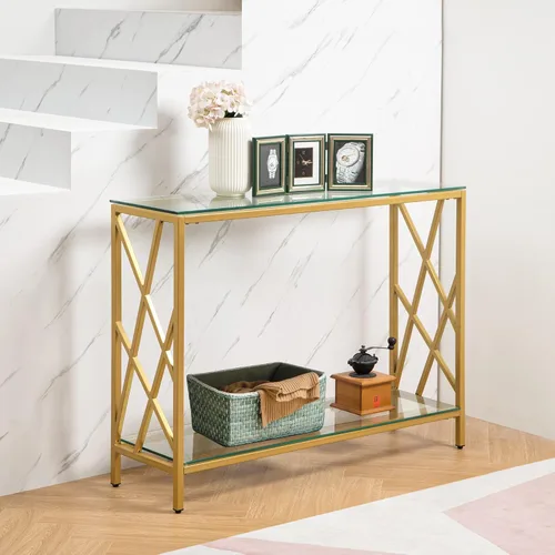 Vista 7 de SICOTAS Mesas de consola para entrada, cristal dorado con almacenamiento, 41 pulgadas de largo, juego de 2 mesas de entrada para sala de estar