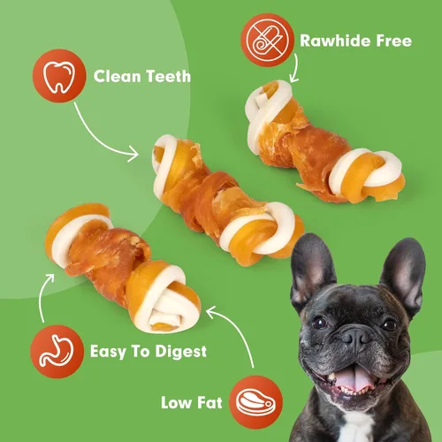 Vista 4 de MON2SUN Golosinas para perros sin cuero crudo de 2.5 pulgadas con verduras mixtas, mini huesos de nudo envueltos en pollo para perros pequeños