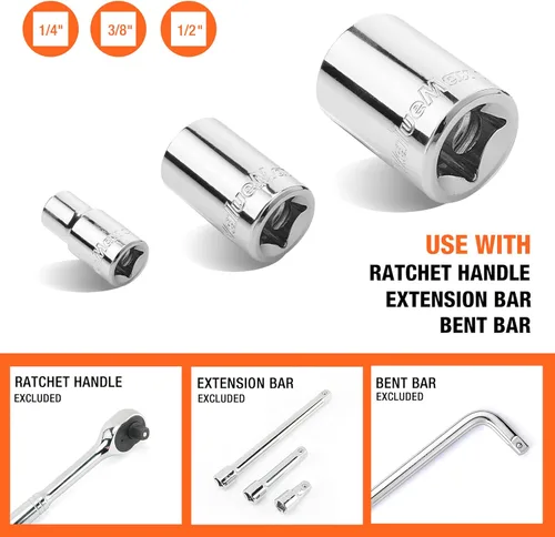 Vista 4 de ValueMax Juego de 14 piezas hembra E-Torx Star Socket Set, 14", 38" y 12" Drive, juego de llaves de estrella externas hembra con riel, juego