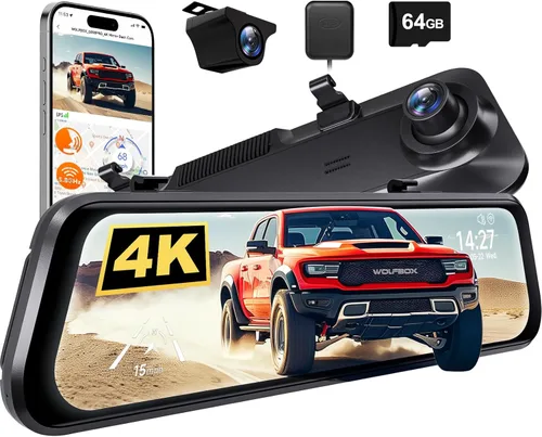 WOLFBOX G850 PRO 4K Espejo Dash Cam con ADAS y BSD, espejo retrovisor inteligente con WiFi de 5.8 GHz, control de voz, cámara de 12 pulgadas incluye
