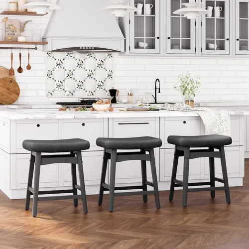 Vista 15 de ALPHA HOME Taburete de bar, taburete de cocina de silla de montar de madera maciza con cojín de tela de lino beige, taburete de bar de altura