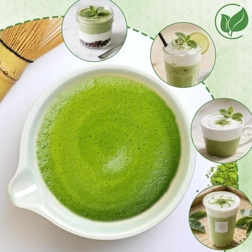 Vista 5 de Juego de batidor de matcha, 7 piezas de batidor de cerámica matcha, cuenco con boquilla, soporte, tamiz inoxidable, cuchara de bambú y toalla de té