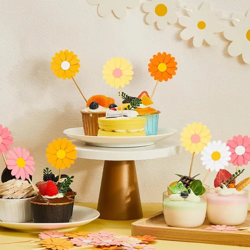 Vista 7 de Henoyso 48 decoraciones para cupcakes de margaritas de primavera Groovy Spring Flower Cake Topper de los años 70, hippie, bohemio, joven, salvaje
