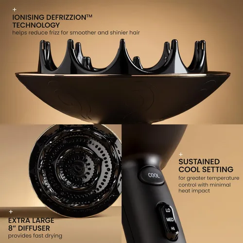Vista 2 de Curlsmith Defrizzion - Secador de pelo para cabello rizado con difusor extra grande de 8 pulgadas para secado rápido, 2 velocidades, 3 ajustes