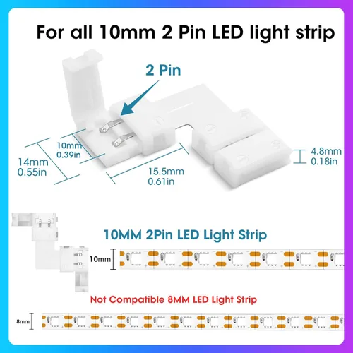 Vista 2 de WENHSIN 10 paquetes de conectores LED de 2 pines en forma de L para luces de tira LED de 10 mm de ancho, adaptador de extensión sin cable, sin