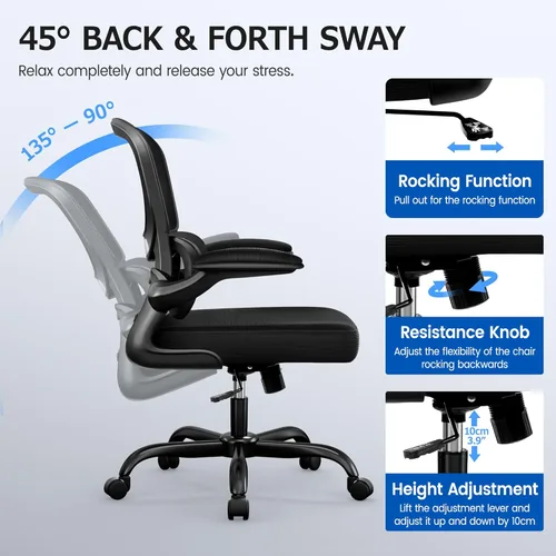 Vista 8 de Silla de oficina ergonómica, silla de escritorio ergonómica de malla transpirable con soporte lumbar, reposabrazos abatibles, sillas de computadora