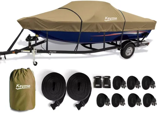 Vista 13 de Kayme Funda de lancha 1200D resistente para embarcaciones de hasta 15 pies - Impermeable, resistente a rasgaduras con correas reforzadas a prueba