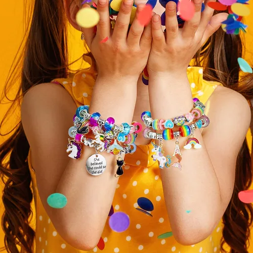 Vista 4 de Kit de fabricación de pulseras con dijes, manualidades de unicorniosirena para niñas de 6 a 8 años, cuentas y suministros para hacer joyas