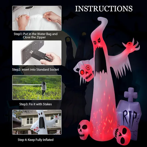 Vista 7 de HOPOCO Inflables de Halloween de 12 pies para exteriores, decoración de patio, fantasma blanco de terror con 3 cabezas de calavera sangrante, lápida