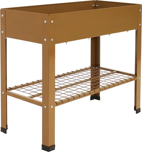 Vista 8 de Sunnydaze Cama de jardín elevada de acero galvanizado, juego de 2 jardineras elevadas, uso individual o conectado, cuenta con estante de Marrón