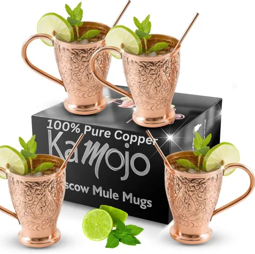 Kamojo Moscow Mule Cups - Juego de 4 tazas de cobre Moscow Mule de primera calidad con diseño único en relieve y antideslustre, revestimiento de