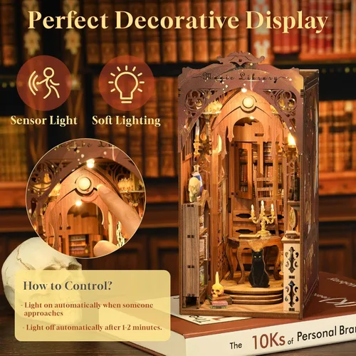 Vista 3 de Kit de rincón de libros, kit de bricolaje en miniatura para casa de muñecas, rompecabezas de madera 3D, decoración con luz LED para adolescentes