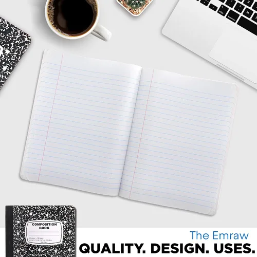 Vista 6 de Emraw - Libro de composición con tapa de estilo de mármol blanco y negro con 100 hojas de papel blanco con rayas anchas (paquete de 4)
