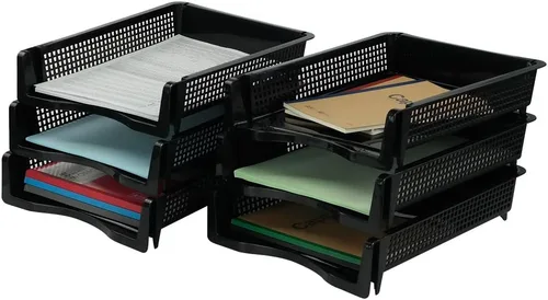 Vista 6 de Paquete de 6 bandejas de papel apilables de plástico negro, bandeja organizadora apilable para oficina, bandeja de escritorio