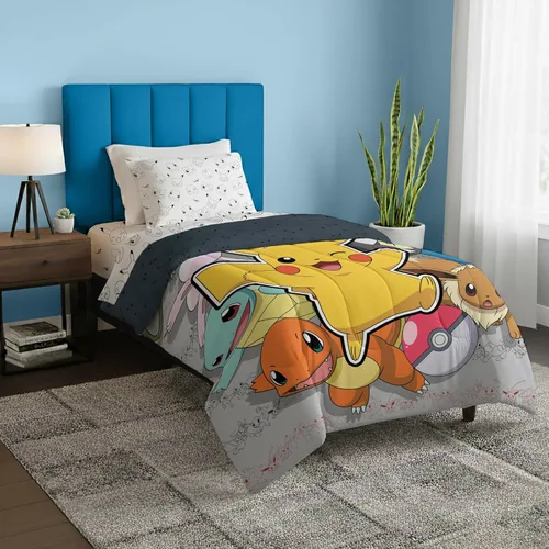 Northwest Pokemon - Juego de cama individual en una bolsa, Pikachu Squirtle Eevee Charmander, ropa de cama de anime para niñas y niños, escuadrón de
