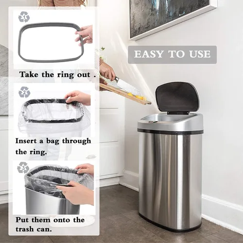 Vista 6 de Bote de basura de 13 galones con tapa, botes de basura automáticos para cocina, 50 L, con sensor de movimiento, cubo de basura de acero inoxidable