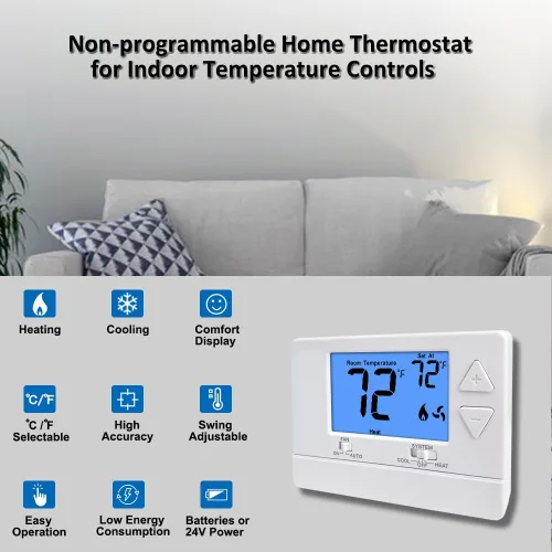 Vista 2 de Termostato no programable para casa, termostato digital de ahorro de energía, sistemas de una sola etapa, 1 calefacción/1 refrigeración, fácil Azul